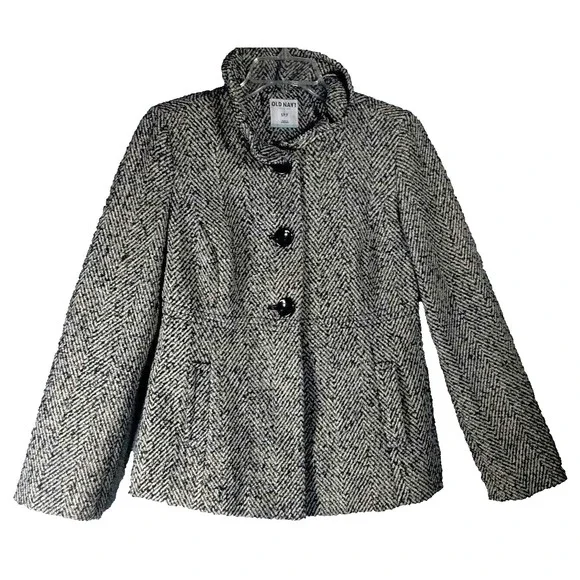Old Navy Black Tweed Jacket Coat Womens Small Petite Ruffle Collar Heritage - Picture 1 of 12